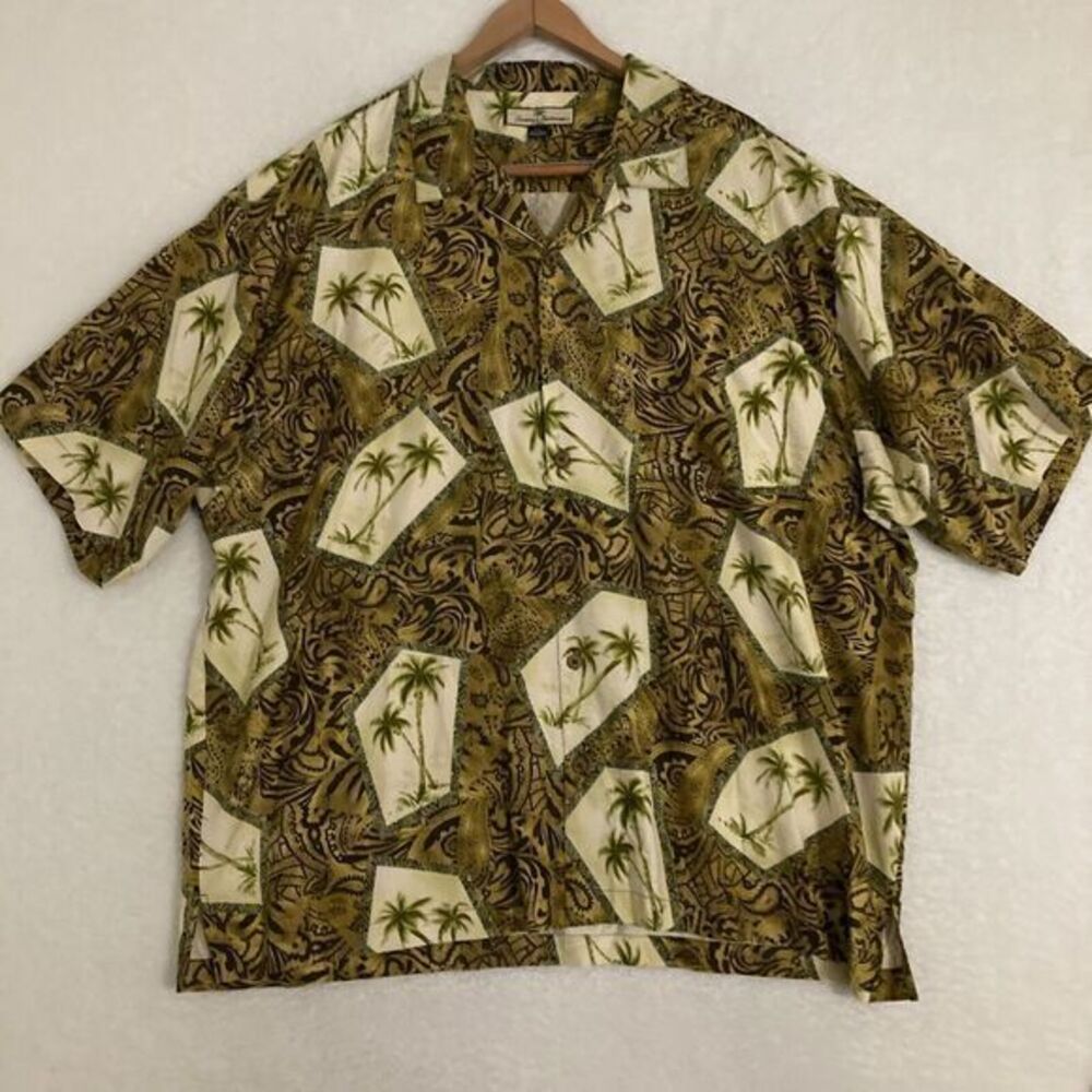 Tommy Bahama Silk Shirt Mens XXL Loop Collar Hawaiian Tropical Palm Tree Camp‎